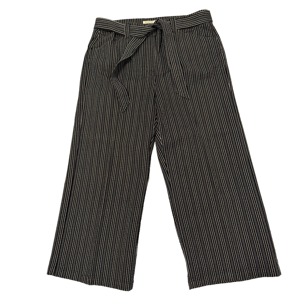 Jones New York Sport Tie Belt Cropped Wide Leg Pants Stretch 14 Blk/White Stripe